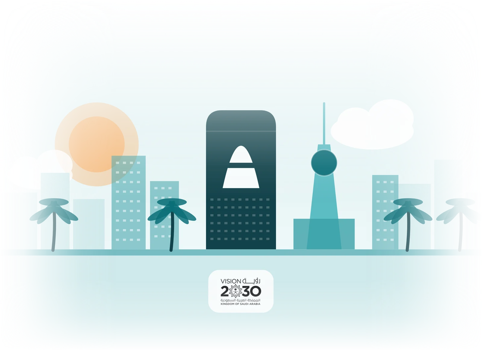 Riyadh skyline illustration with the Vision 2030 mark